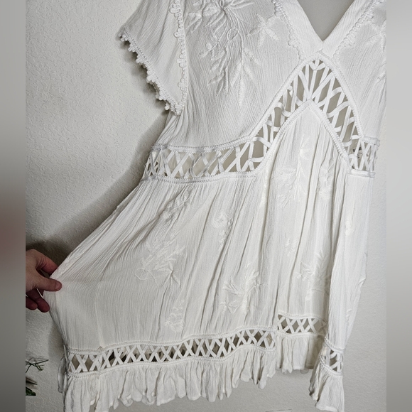 Free People Marissa Embroidered Cutout Ruffle Sleeve Mini Dress Oversize V-Neck - Picture 7 of 15